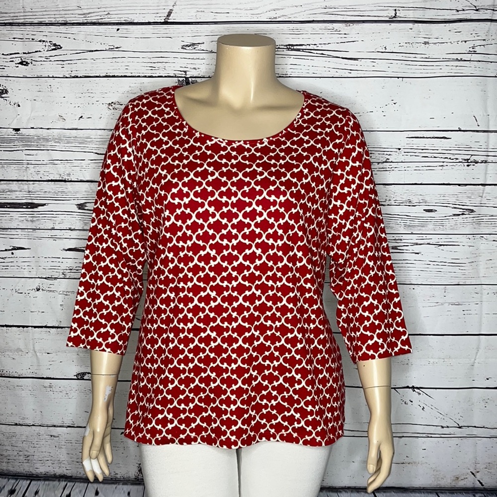 Charter Club Woman Red/Metallic Silver Print Pima Cotton Top Great for Holidays